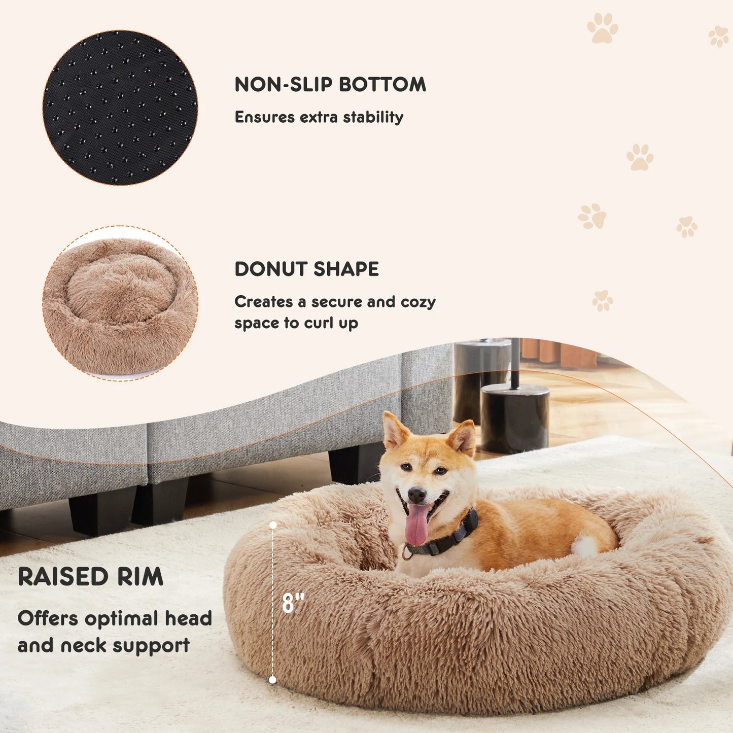 JHK Calming Dog Bed Anti Slip Fluffy Plush Washable Fur