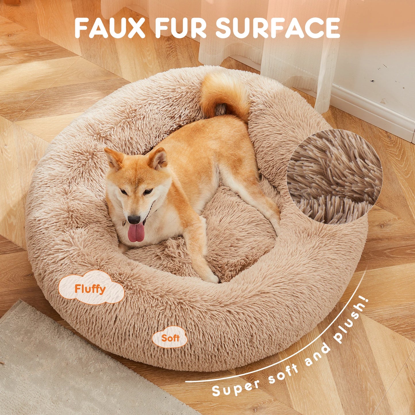 JHK Calming Dog Bed Anti Slip Fluffy Plush Washable Fur